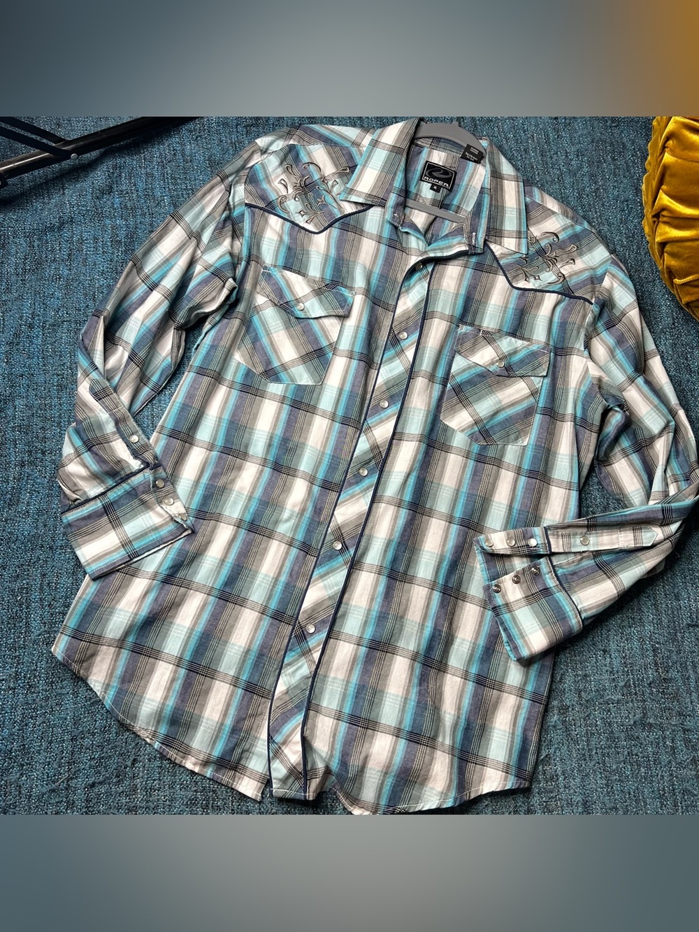 Roper Western Pearl Snap Embroidered Plaid Button Front Shirt Blue Men's XL